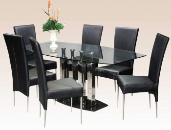 Black Marble Base Steel Column Supports Table with Clear Glass