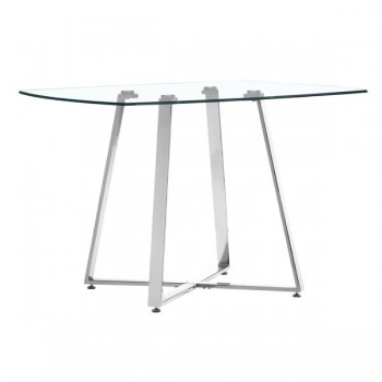 Chromed Steel Base Dining Table with Square Shaped Clear Glass Top
