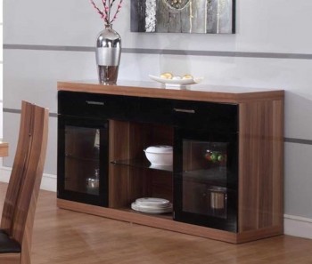 Two Clear Doors with Black Drawers Walnut Color Contemporary Buffet