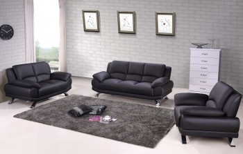 Black Top-Grain Leather Sofa Set with Tufted Pillows