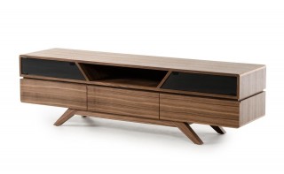 Contemporary Walnut TV Stand with Smoked Glass Doors