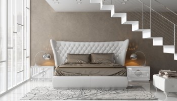 Modern White Finished Platform Bed with Long Headboard