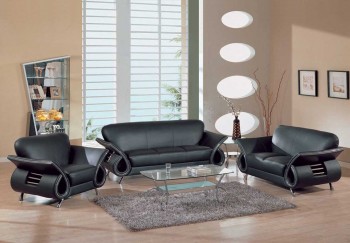 Contemporary Dual Colored or Black Leather Sofa Set w/ Chrome Details