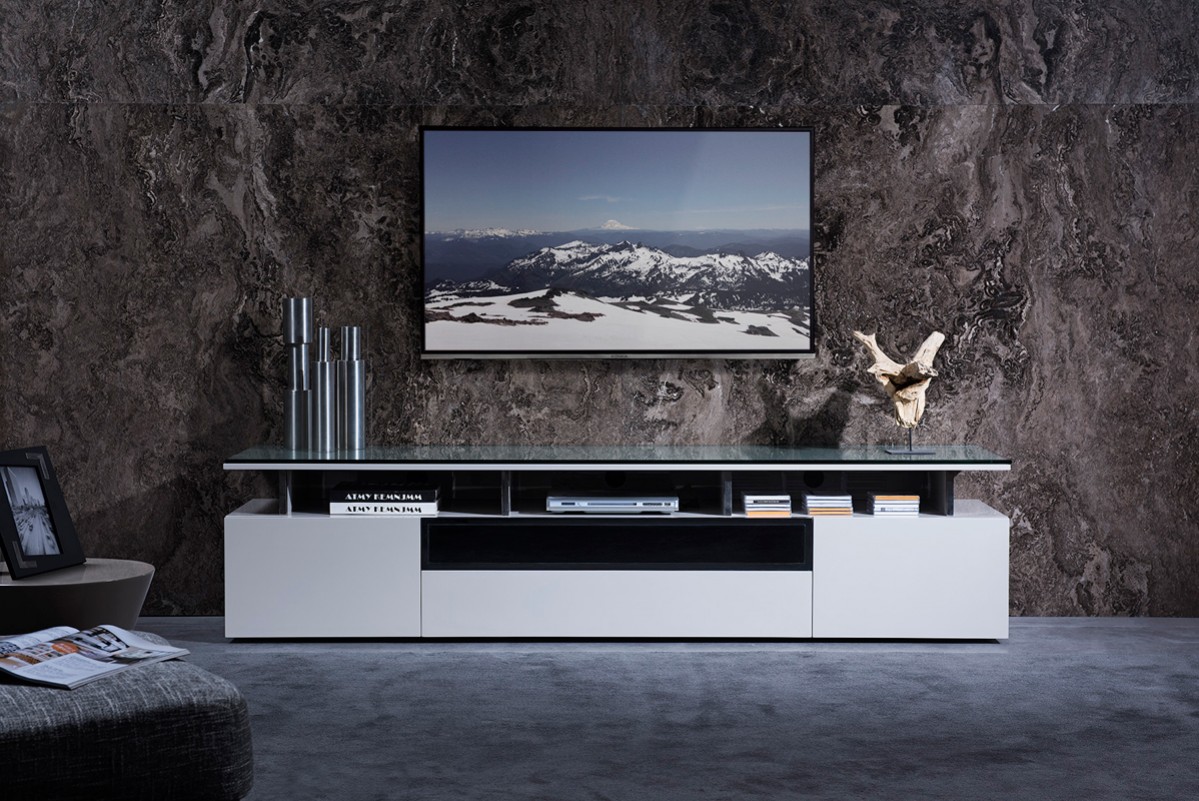 Grey Lacquer Living Room TV Stand with Glass Top - Click Image to Close