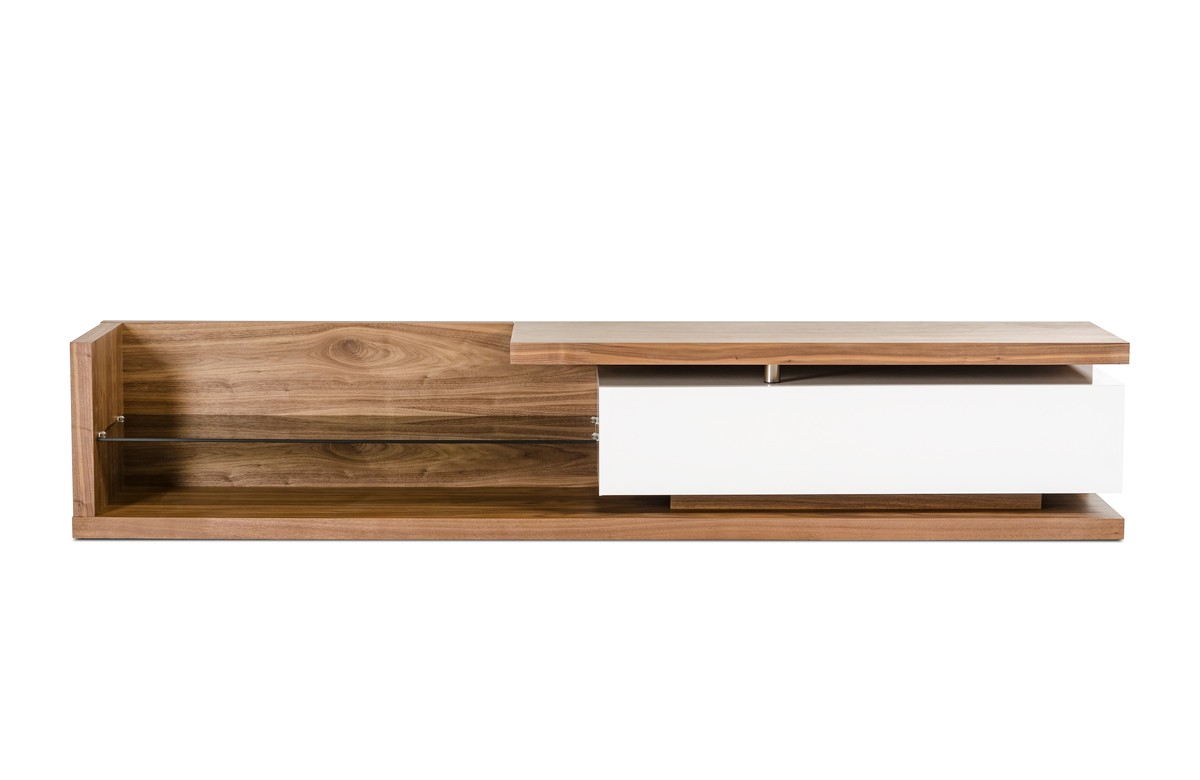 Low Profile Walnut TV Media Stand with Glass Shelf - Click Image to Close