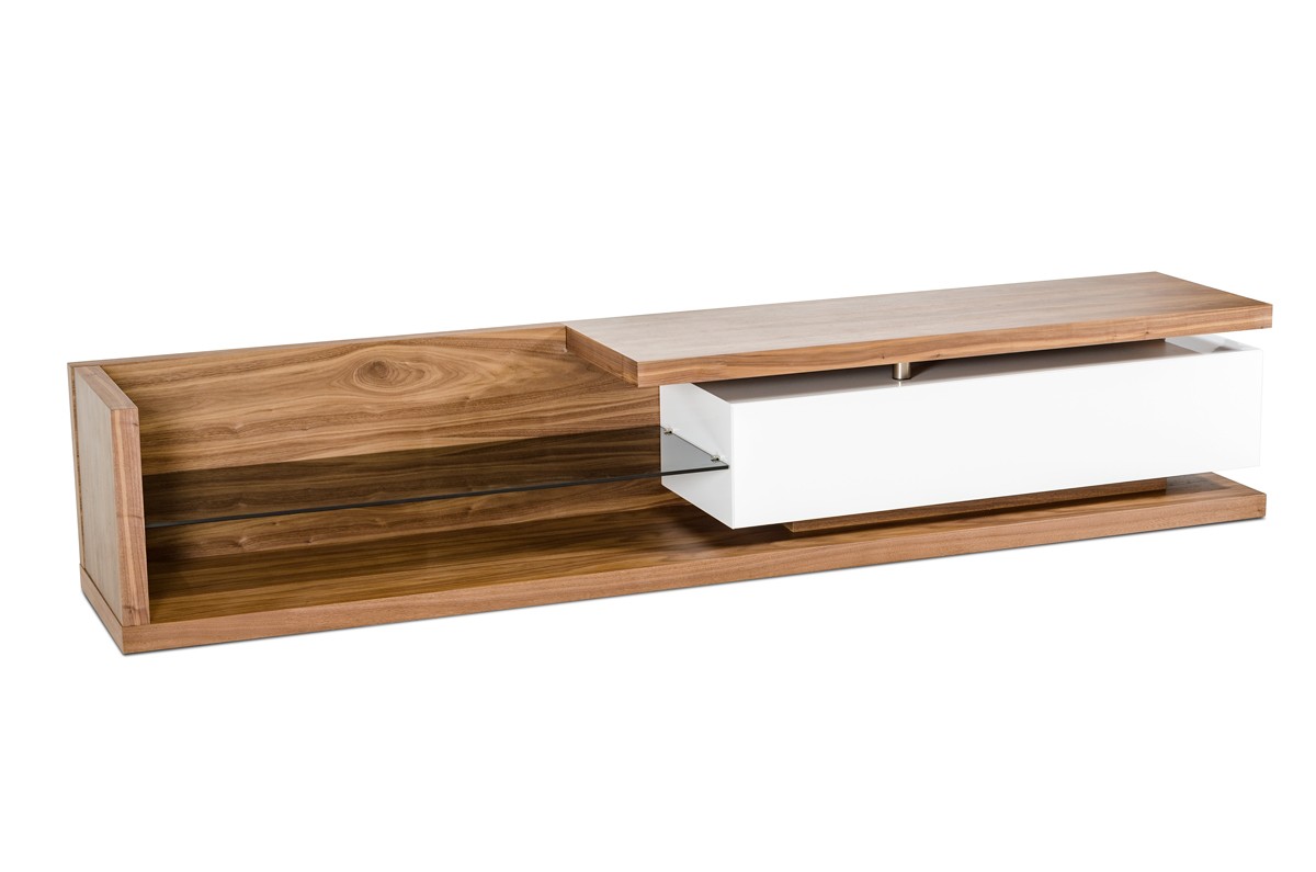 Low Profile Walnut TV Media Stand with Glass Shelf - Click Image to Close