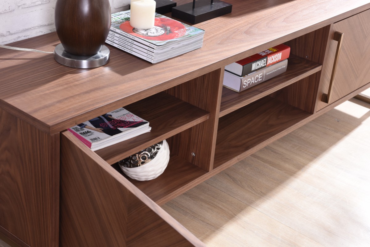 Walnut Wood Modern Media Console on Legs - Click Image to Close