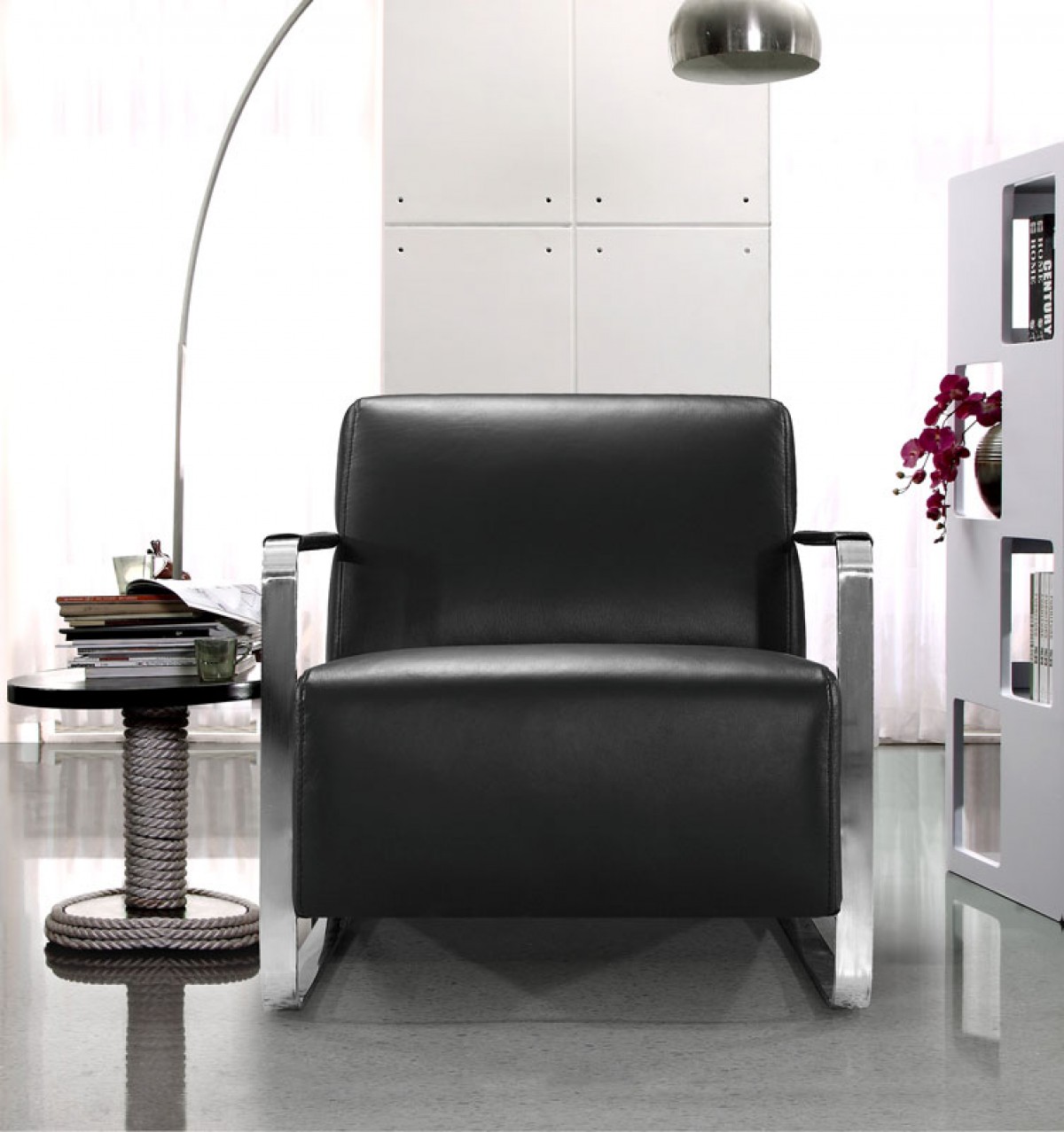 Modern Black Leather Low Profile Lounge Chair - Click Image to Close