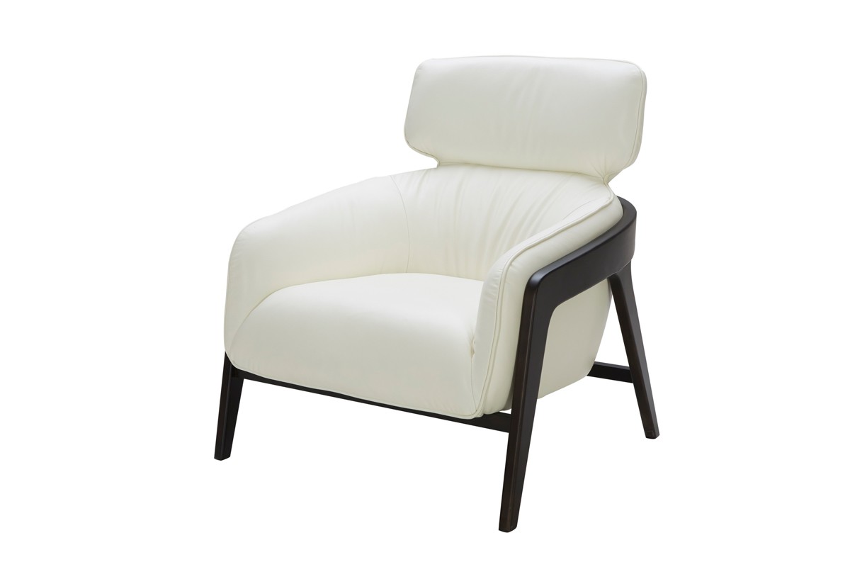 Modern White Leather Accent Chair with Dark Wood Legs