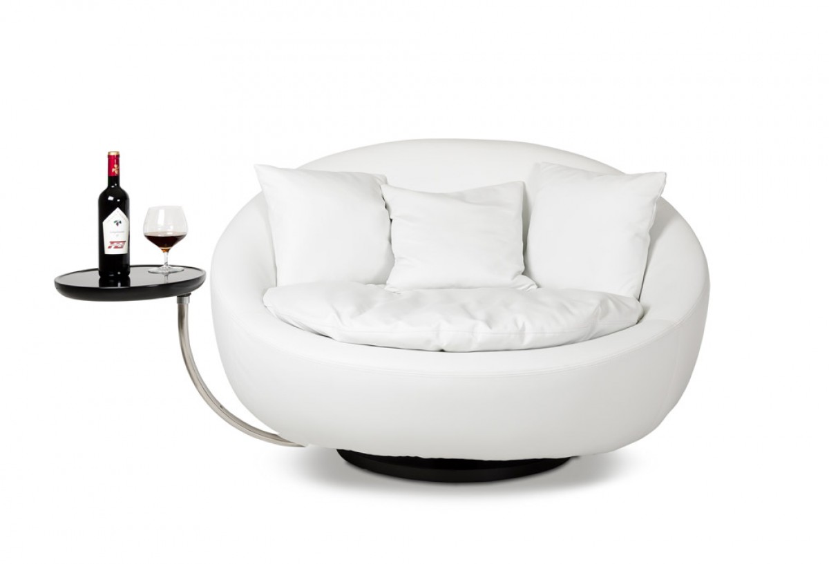Modern Swivel Round White Leatherette Lounge Chair - Click Image to Close
