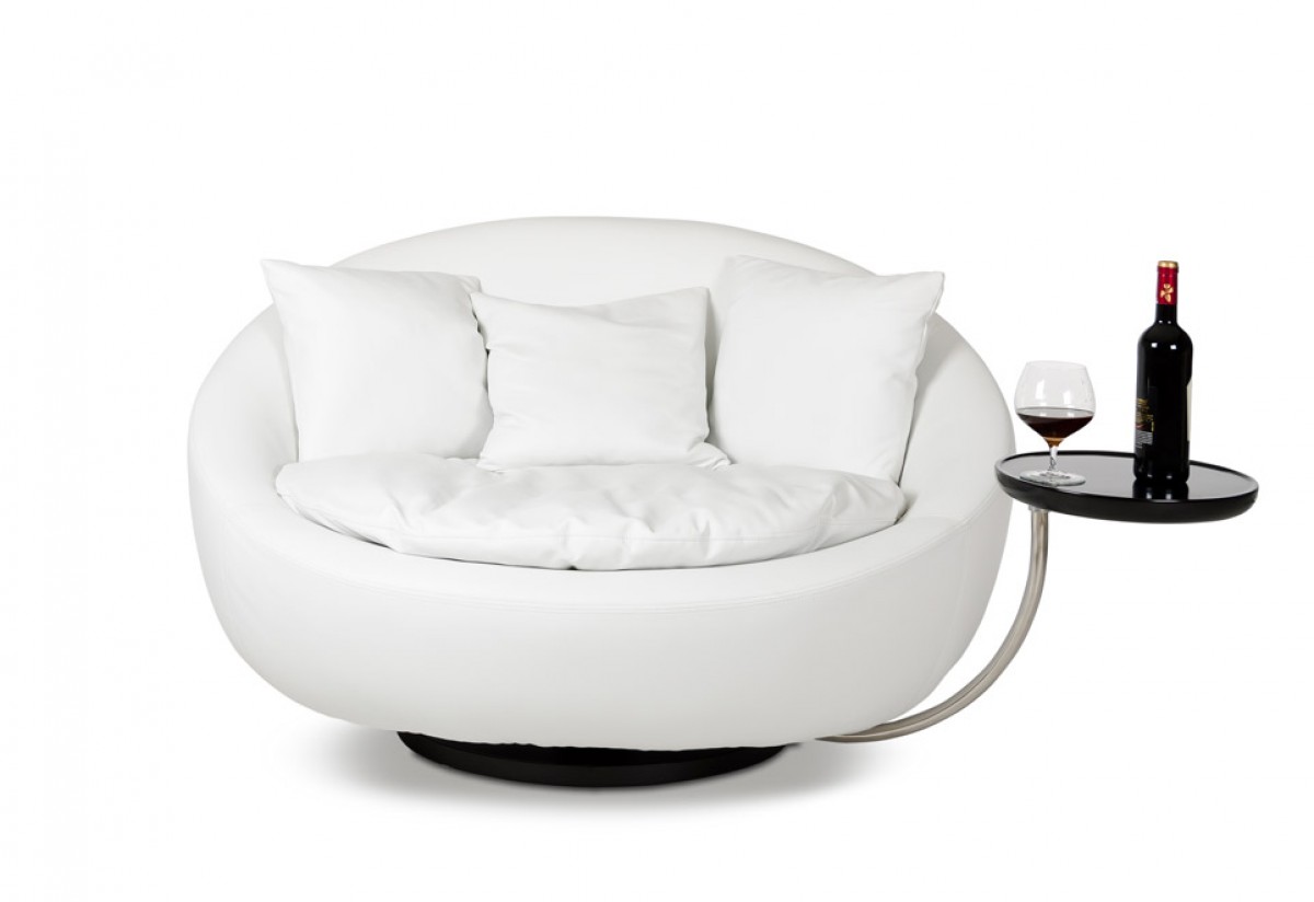 Modern Swivel Round White Leatherette Lounge Chair - Click Image to Close