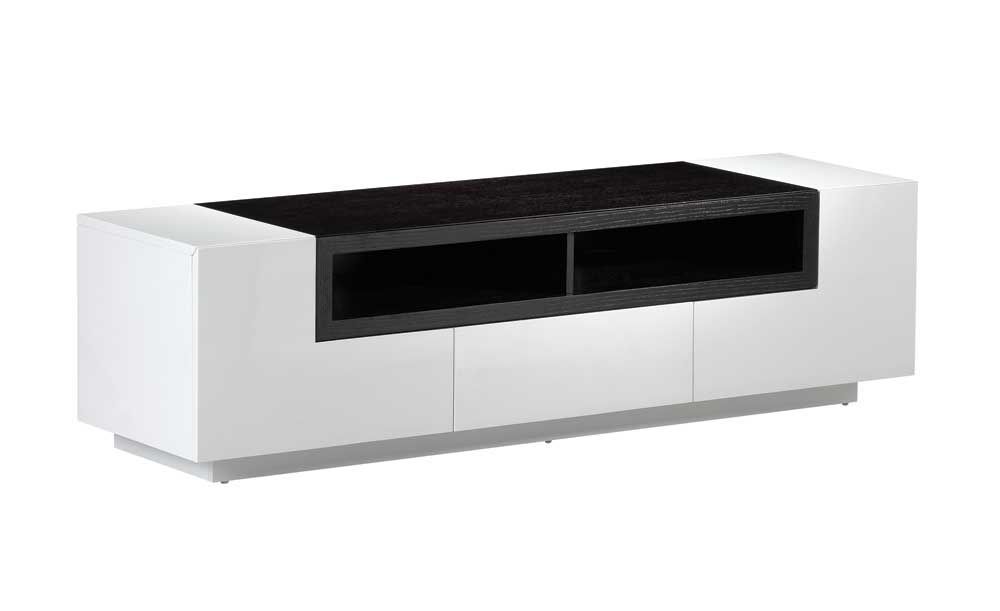 White Gloss TV Stand with Dark Oak Shelves - Click Image to Close