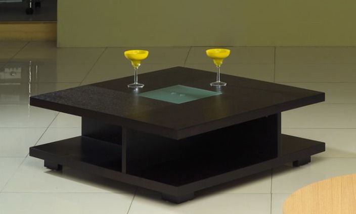Square Black Wood Coffee Table with Glass Center - Click Image to Close