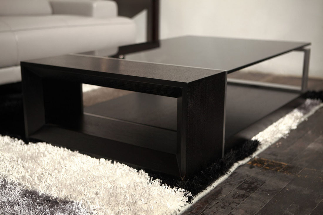 Contemporary Coffee Table with Black Glass Top - Click Image to Close