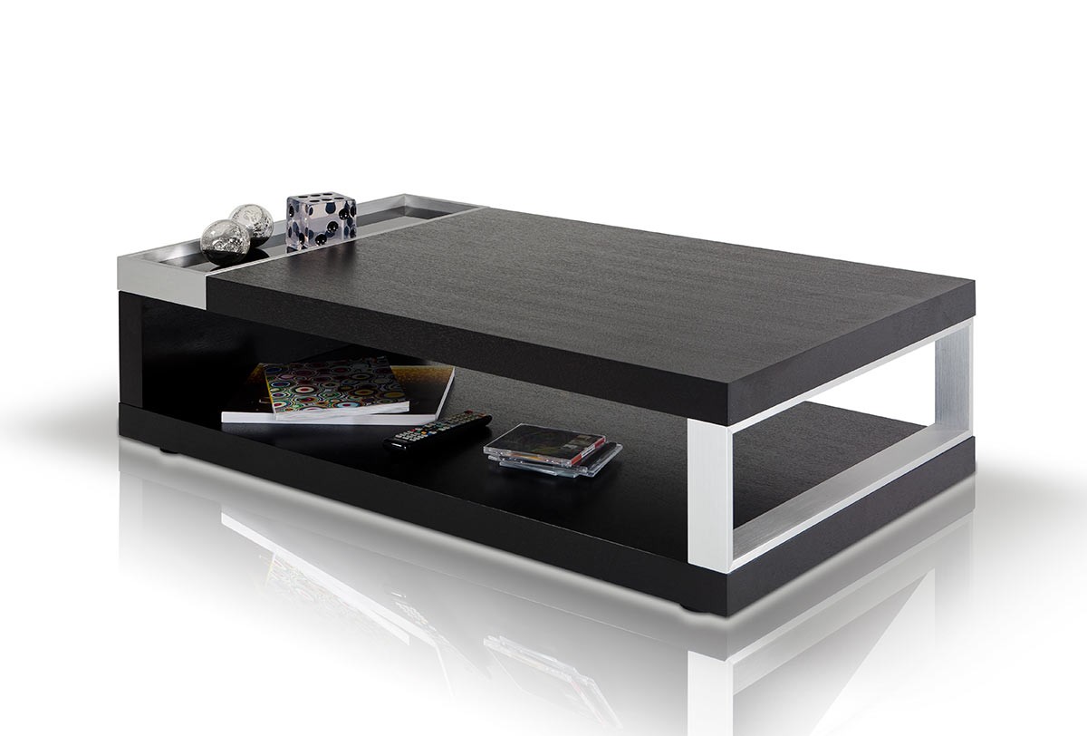 Black Oak and Black Tempered Glass Coffee Table - Click Image to Close