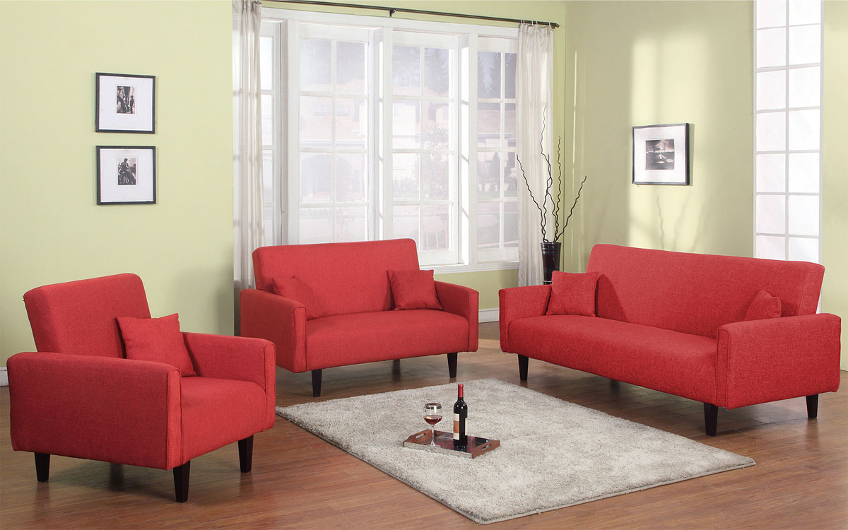 3 PC Living Room Sleeper Set in Grey, Red or Oatmeal Soft Fabric - Click Image to Close