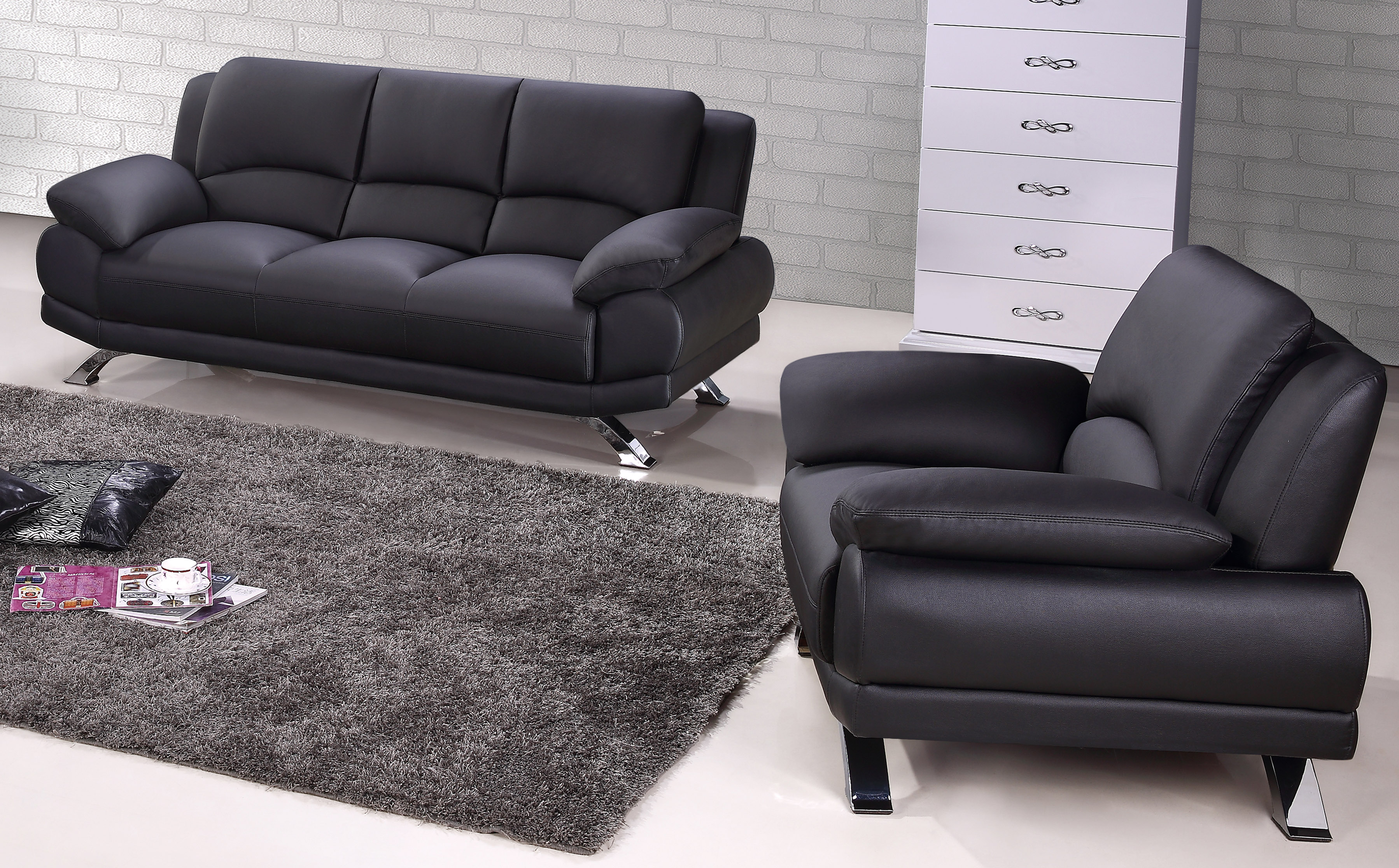 Black Top-Grain Leather Sofa Set with Tufted Pillows - Click Image to Close