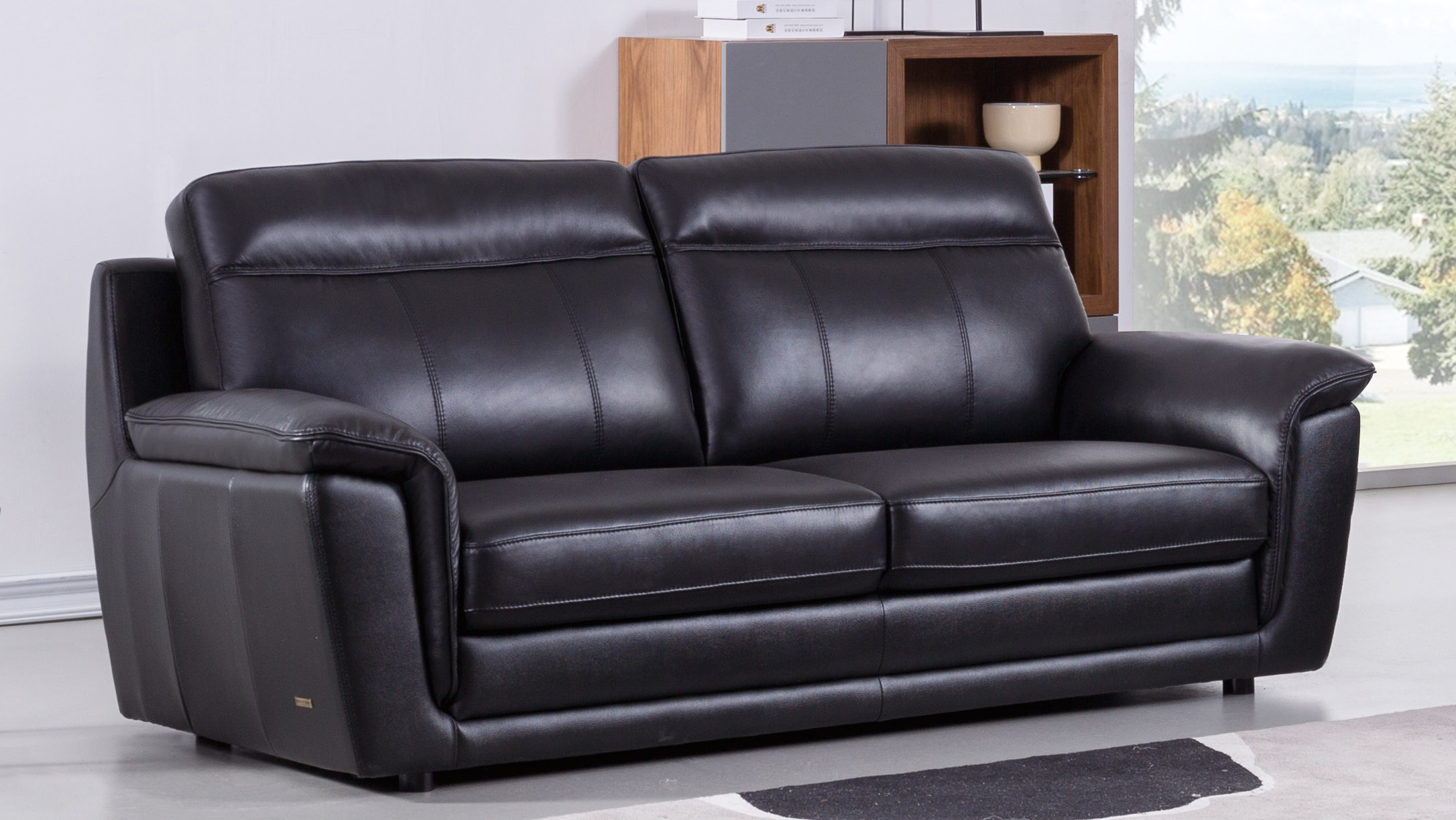 Black Contemporary Living Room Set Finest Italian Leather - Click Image to Close