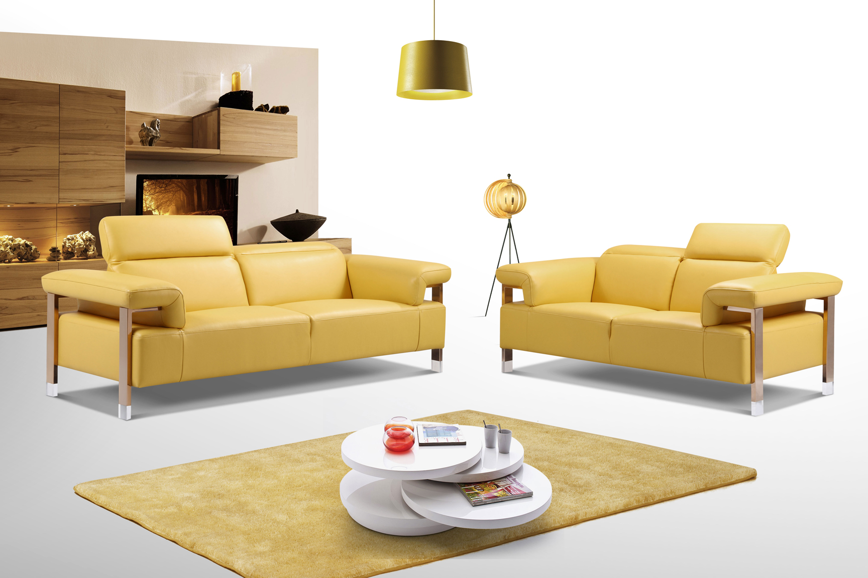 Canary Yellow Three Piece Top Grain Leather Living Room