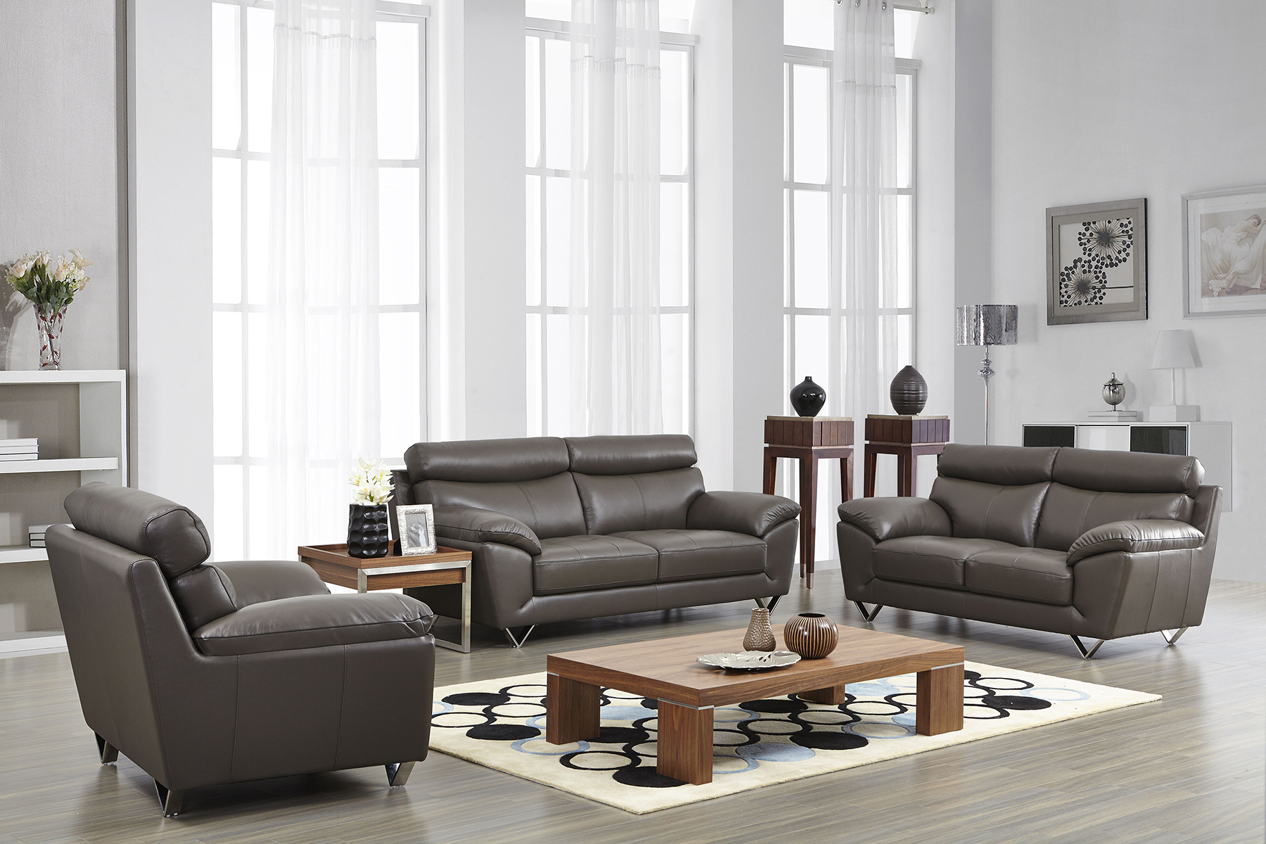 Contemporary Stylish Leather 3Pc Sofa Set with Chrome Legs Chicago