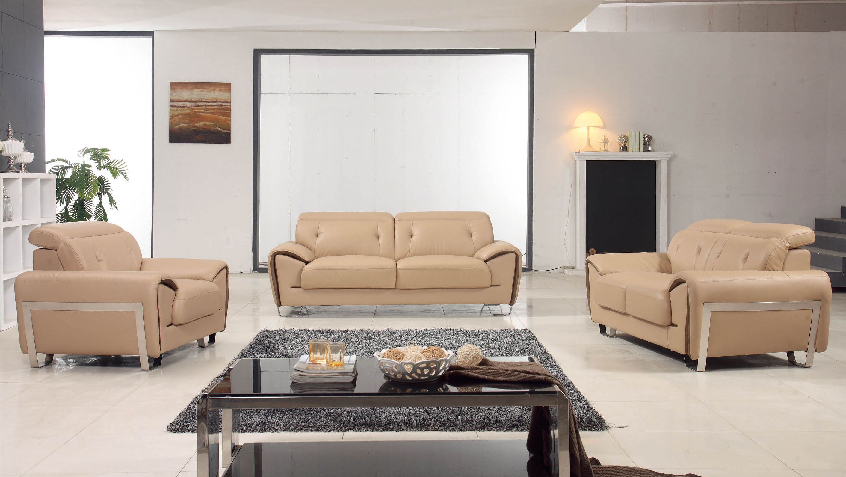 Lovely Beige Contemporary Half Leather Sofa Set Los Angeles