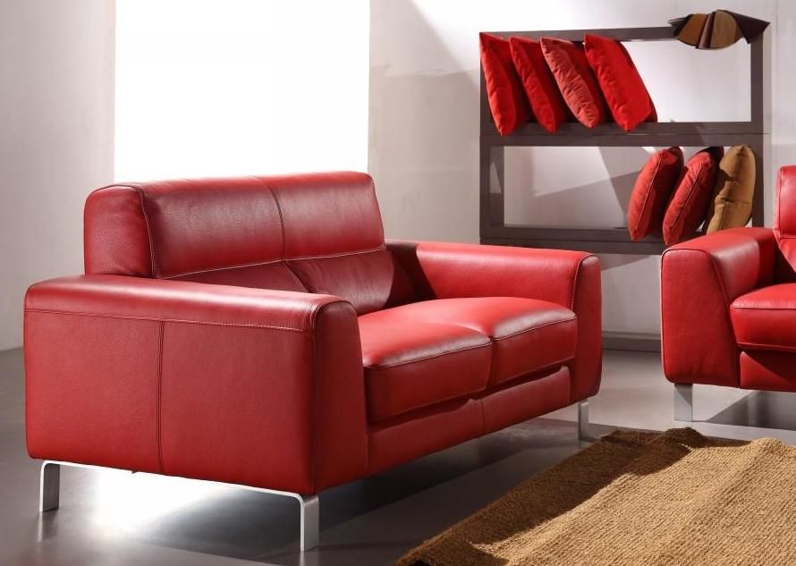 Italian Leather Sofa Set in Red - Click Image to Close
