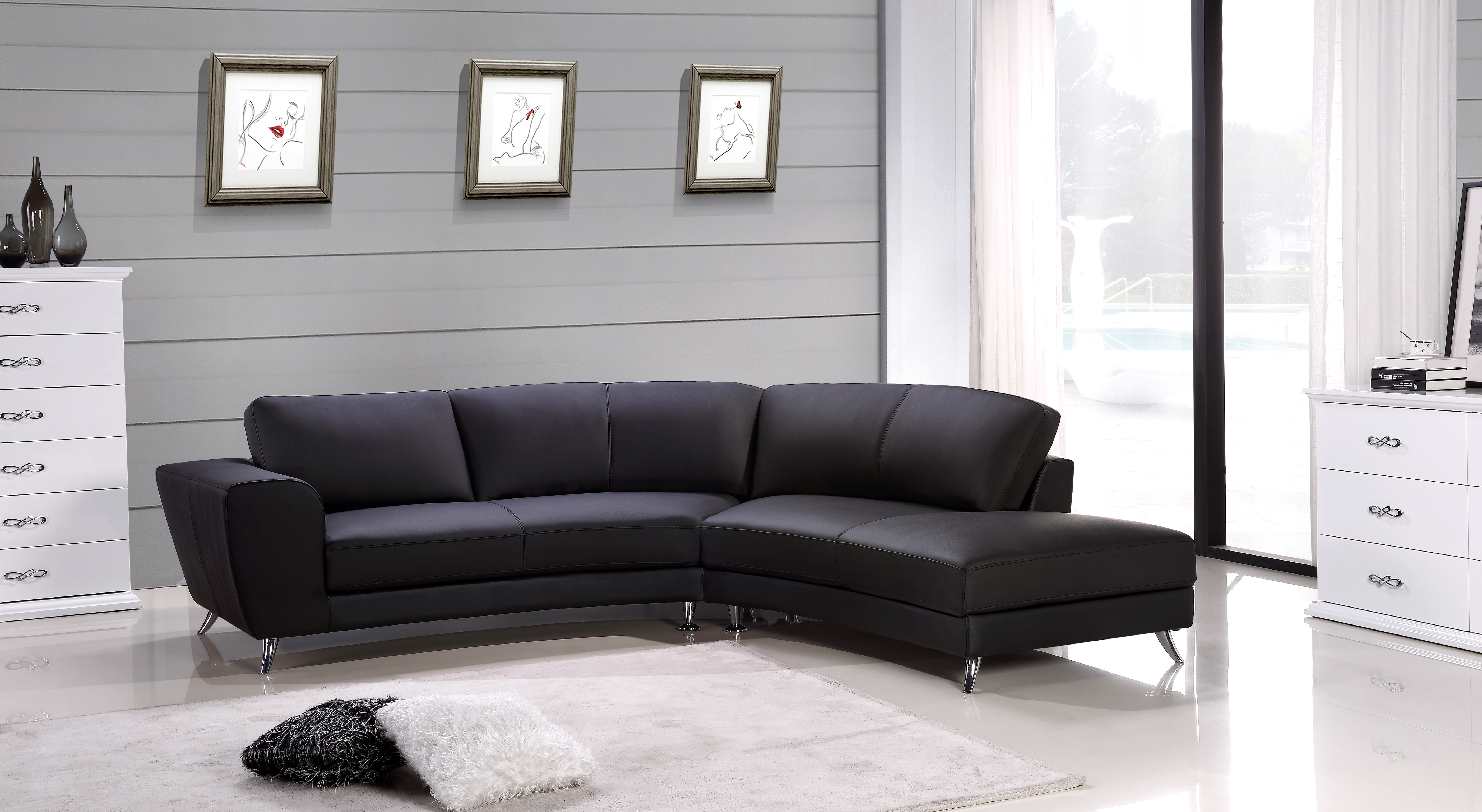 Black Genuine Thick Italian Leather Affordable Studio Apartment Sectional Bh Julie 