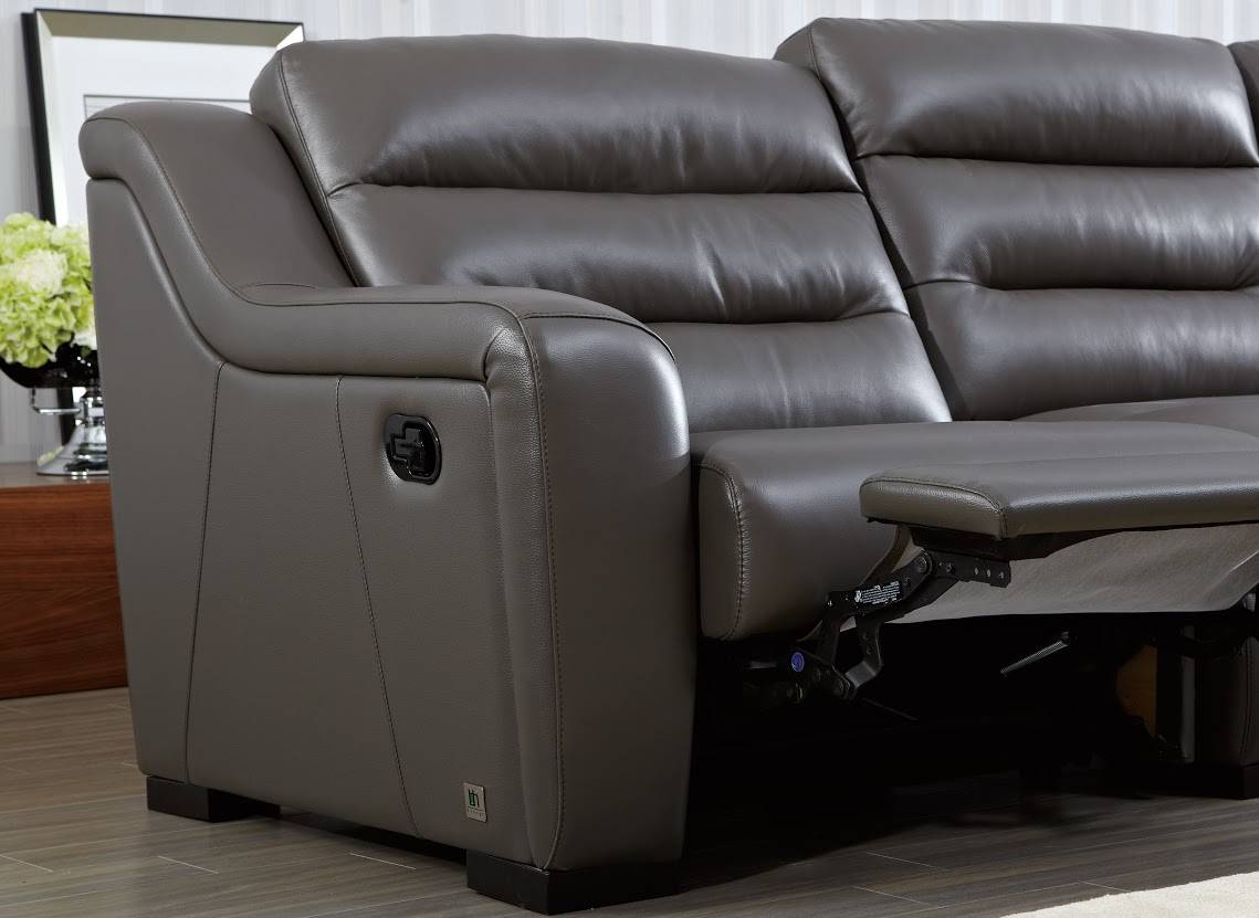 Top Grain Leather Ribbed Sectional Sofa with Recliner - Click Image to Close