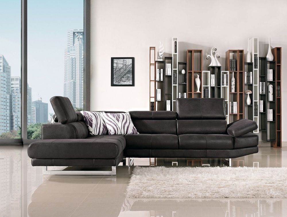 Italia Contemporary Black Fabric Sectional with Adjustable Headrests - Click Image to Close