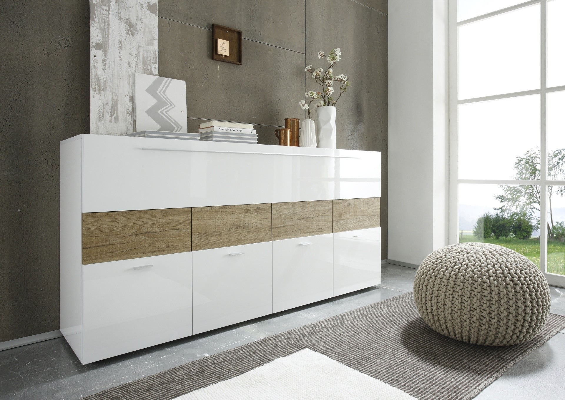 Natural Wood Trim Contemporary Buffet in High Gloss White Prime Classic