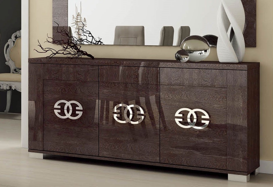 Italian Made Walnut Lacquered 3 Door Buffet with Chrome Handles - Click Image to Close