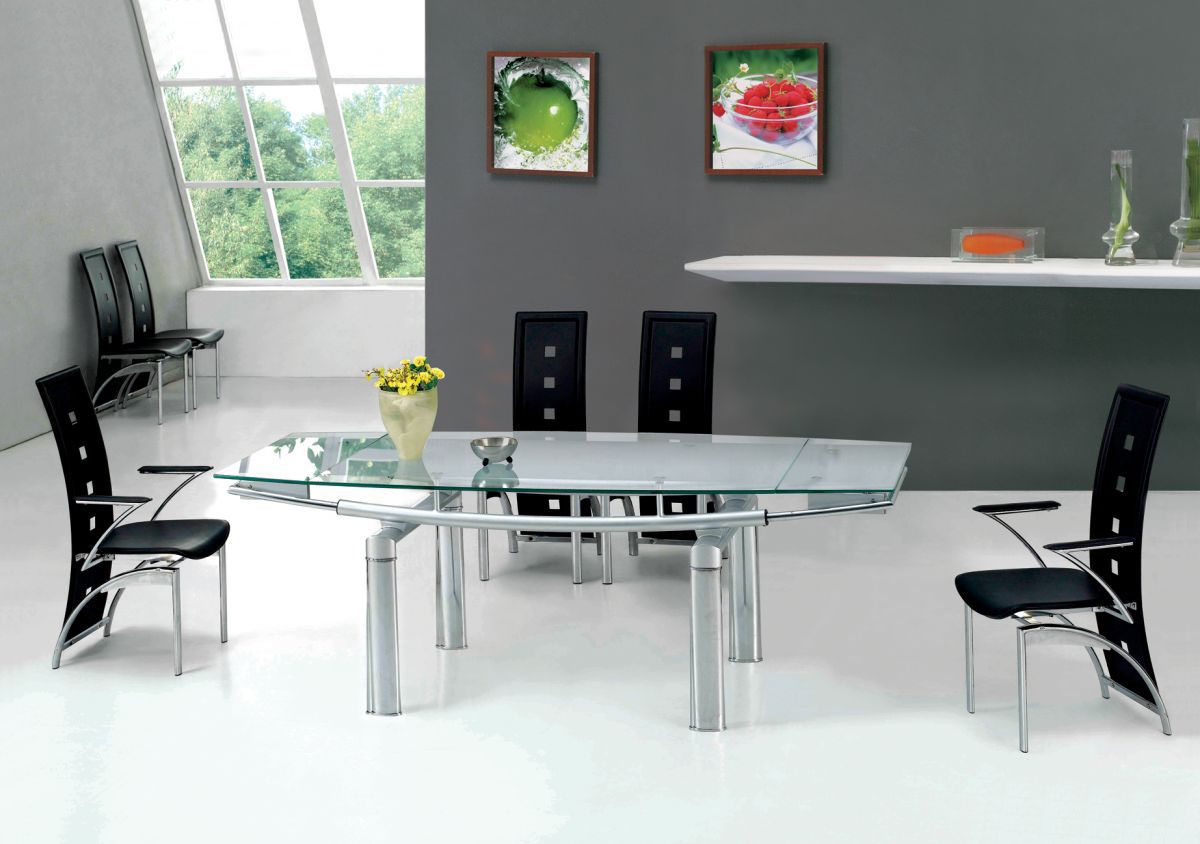 Extendable Clear Glass Top Leather Dining Set Furniture with Leaf - Click Image to Close