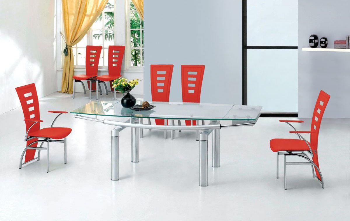 Extendable Clear Glass Top Leather Dining Set Furniture with Leaf - Click Image to Close