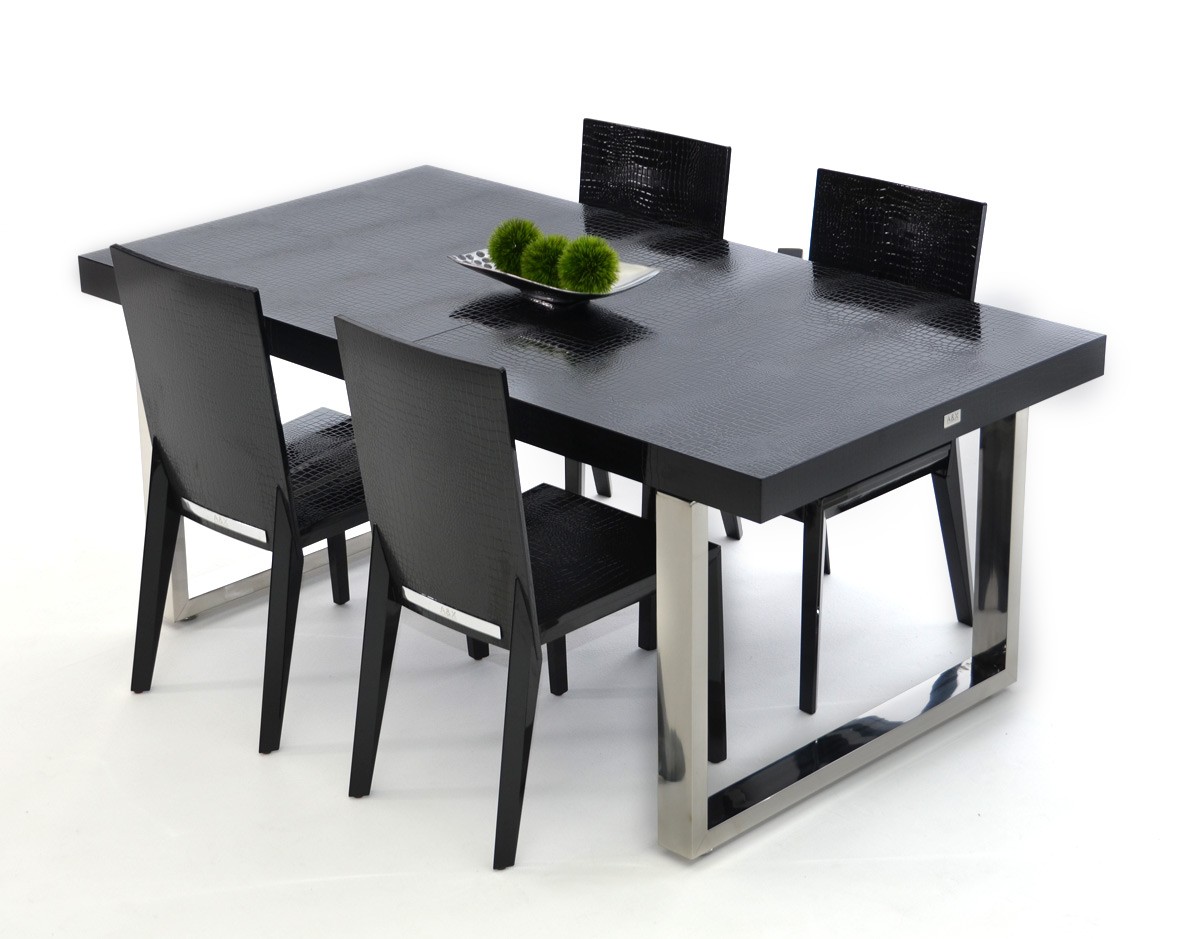 Luxury Black Crocodile Lacquer and Stainless Steel Dining Table - Click Image to Close