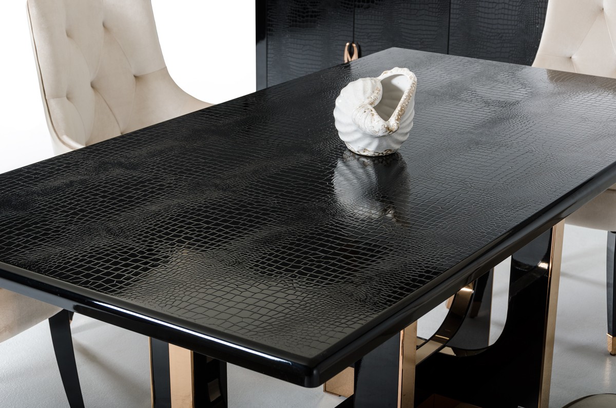 Black Crocodile Textured Top and Rose Gold Base Dining Table - Click Image to Close
