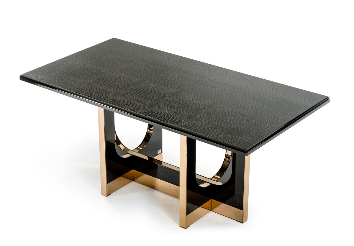 Black Crocodile Textured Top and Rose Gold Base Dining Table - Click Image to Close