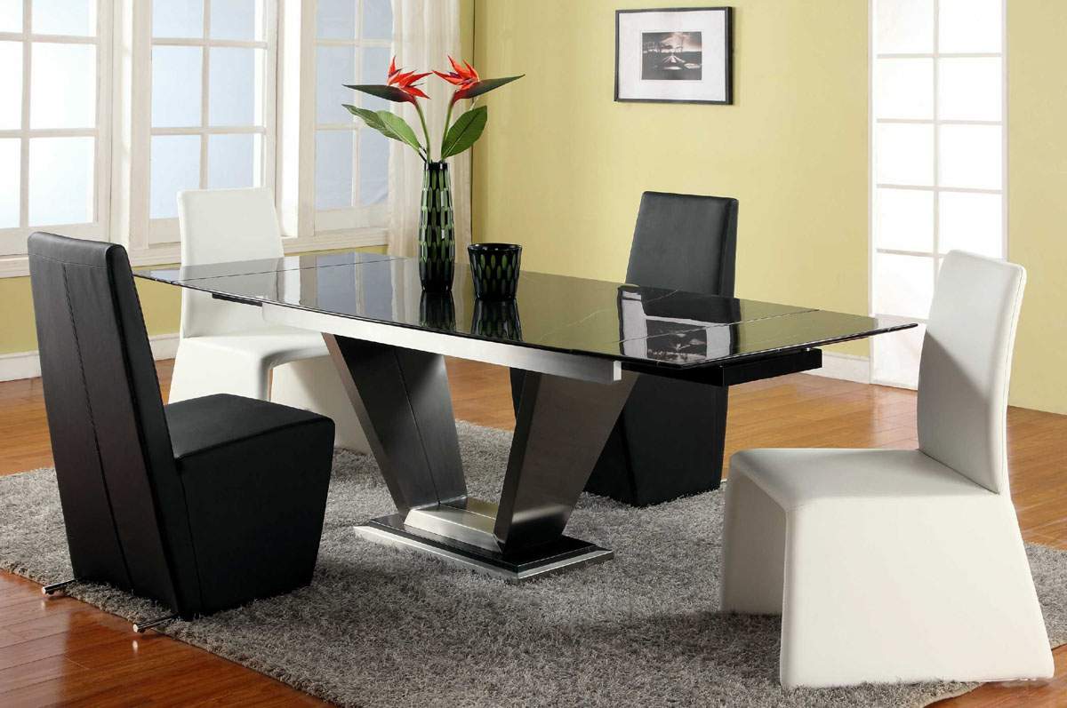 Extendable Rectangular Marble Leather Five Piece Modern Dining - Click Image to Close