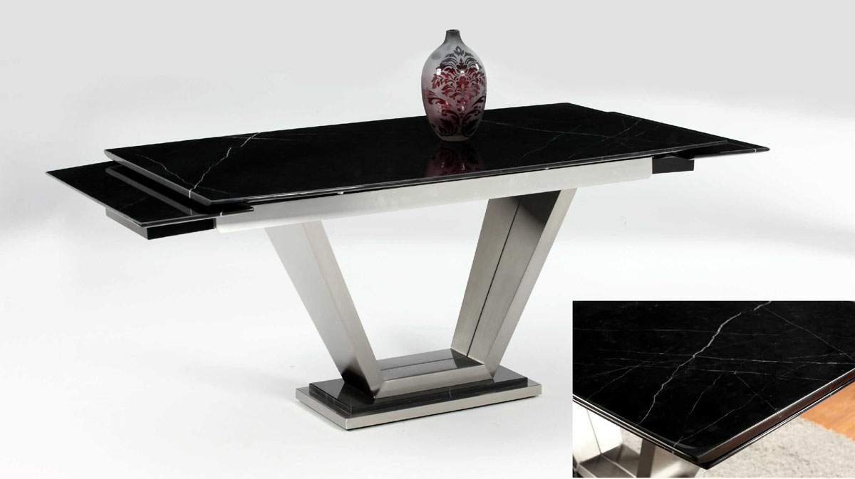 Extendable Rectangular Marble Leather Five Piece Modern Dining - Click Image to Close