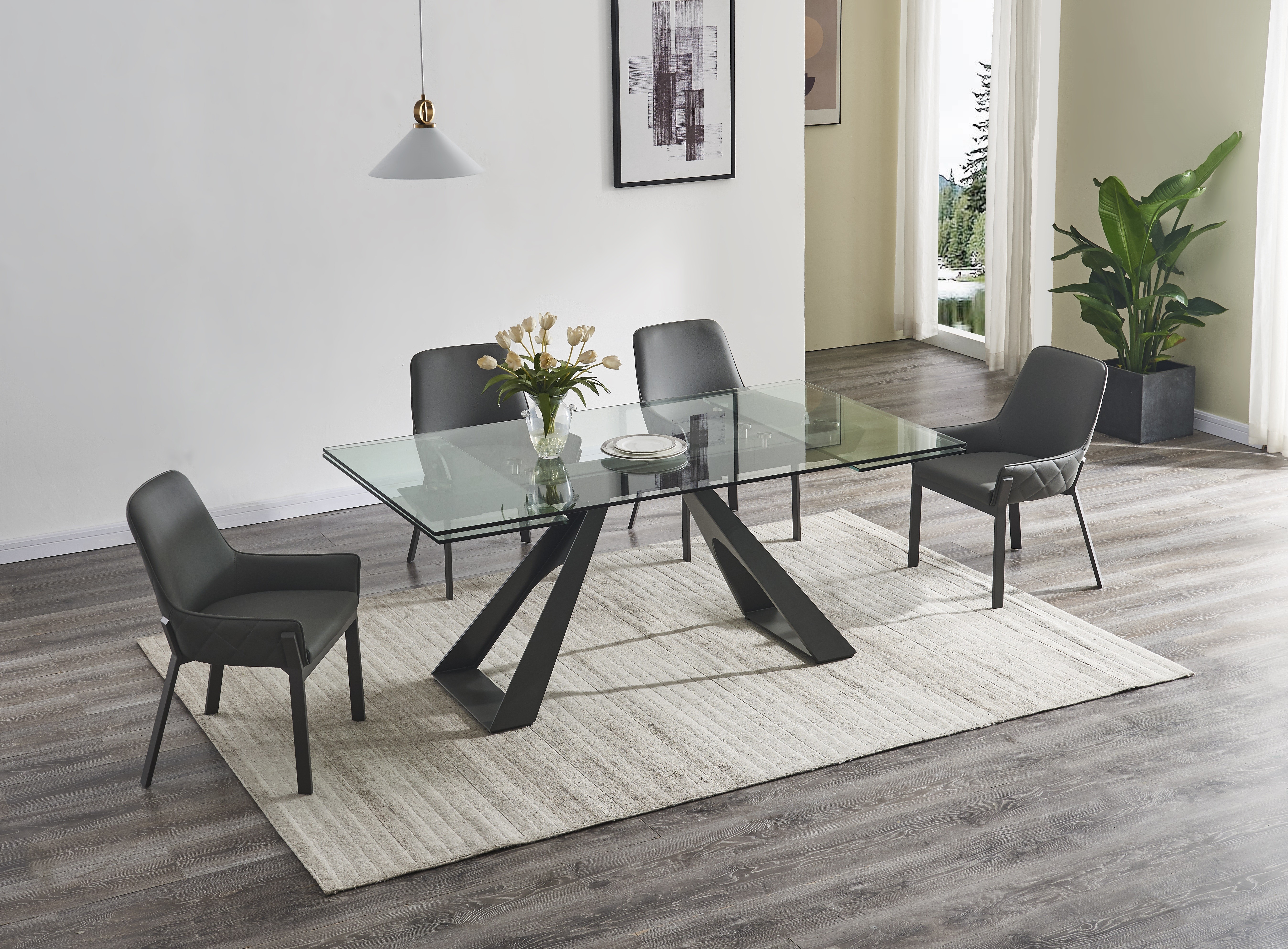 Elegant Rectangular Clear Glass Top Leather Dining Table and Chair Sets - Click Image to Close