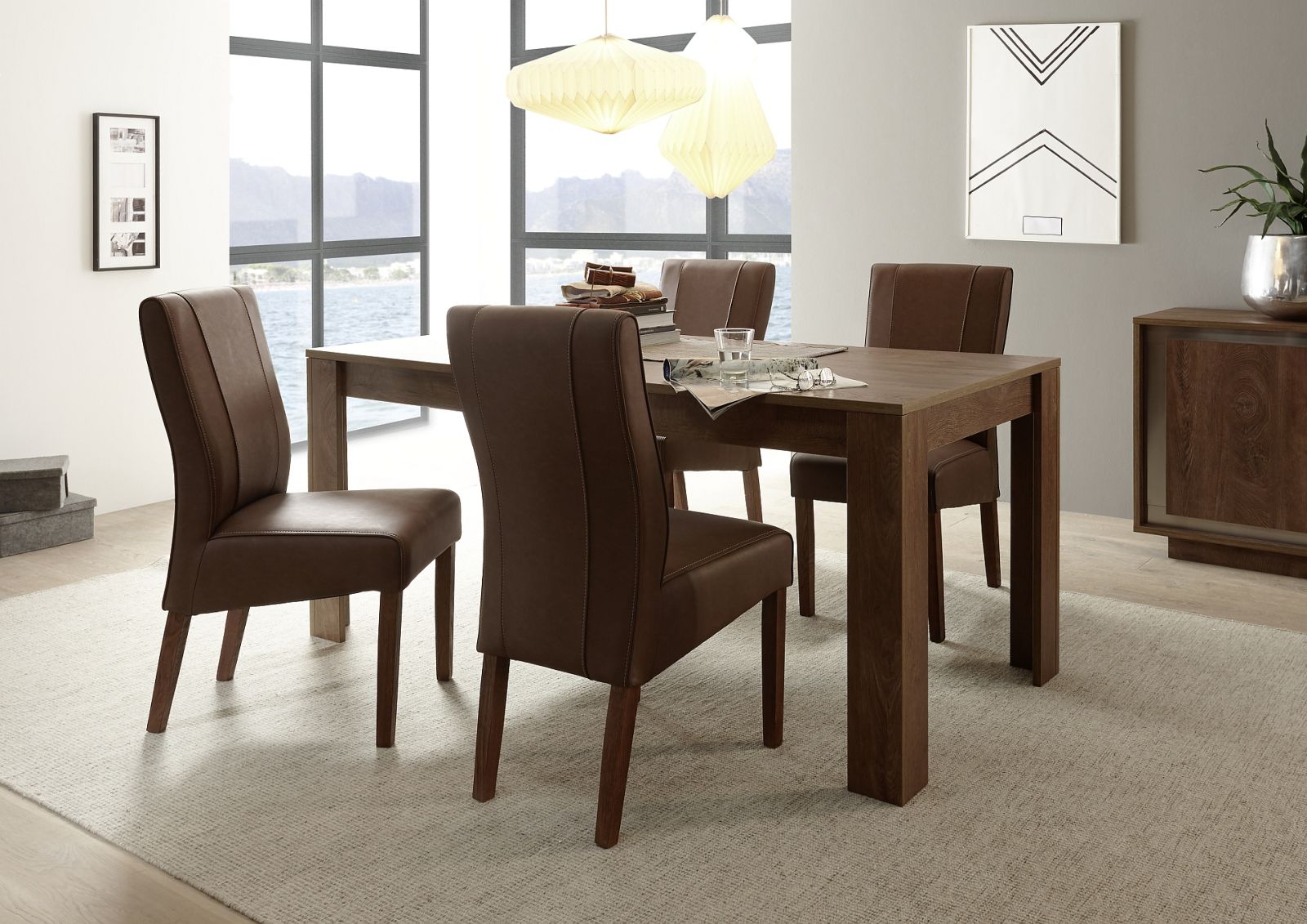 Extendable Rectangular Wood and Leather Modern Table with Chairs - Click Image to Close