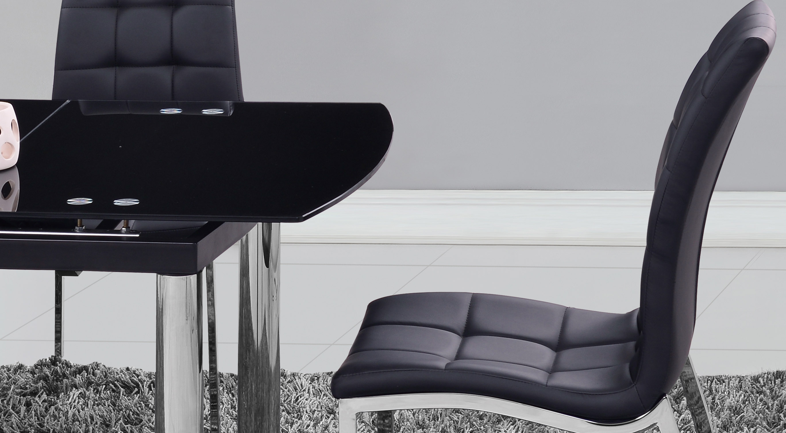 Modern Black Glass Extendable Table with Black Leatherette Chairs - Click Image to Close