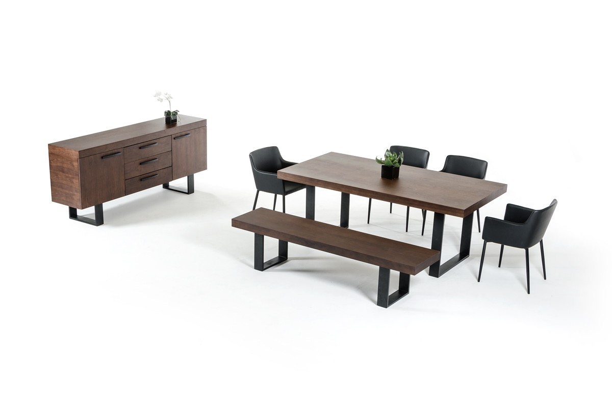 Classic Walnut Veneer and Black Metal Base Dining Table - Click Image to Close