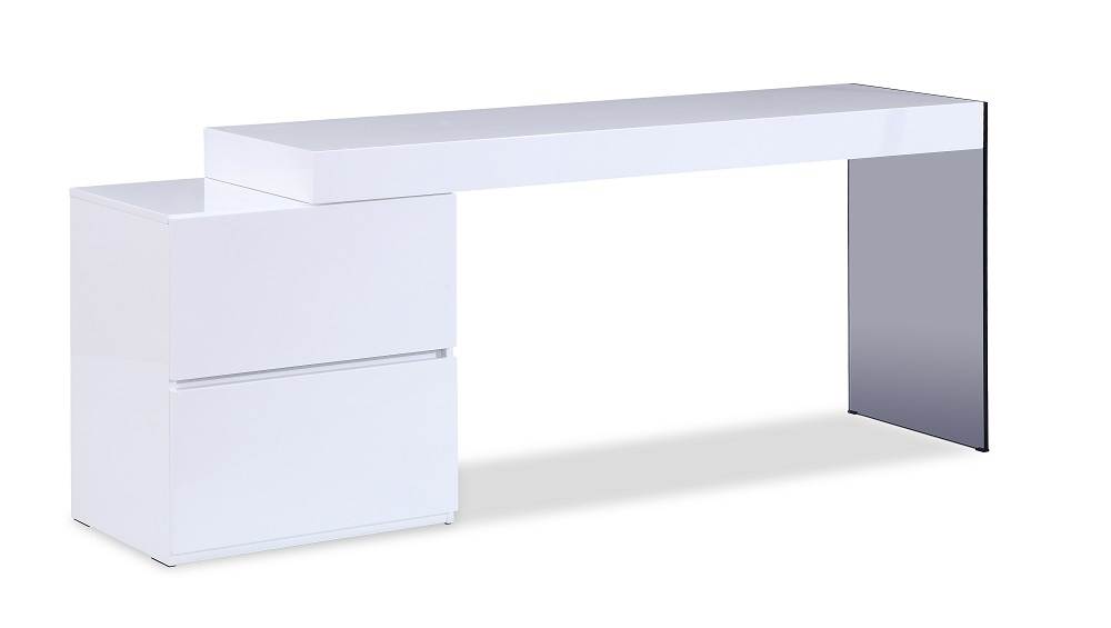 Contemporary Two Drawer White High Gloss Office Desk with Glass Leg - Click Image to Close
