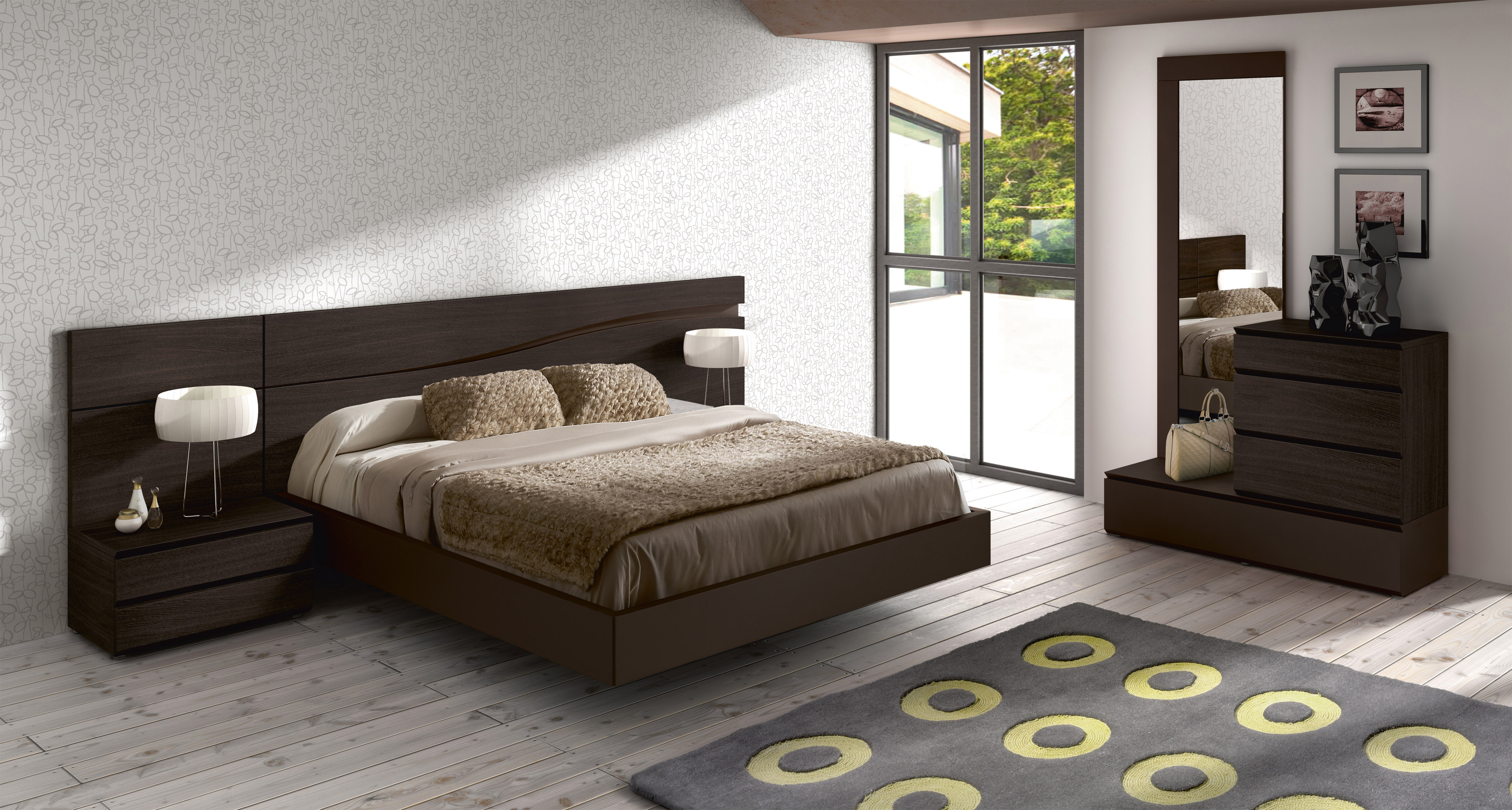 Lacquered Made in Spain Wood High End Platform Bed with Wave Design - Click Image to Close