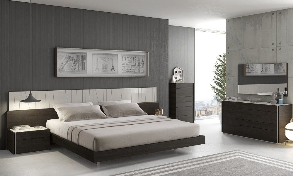 Lacquered Fashionable Wood Platform and Headboard Bed with Long Panels - Click Image to Close