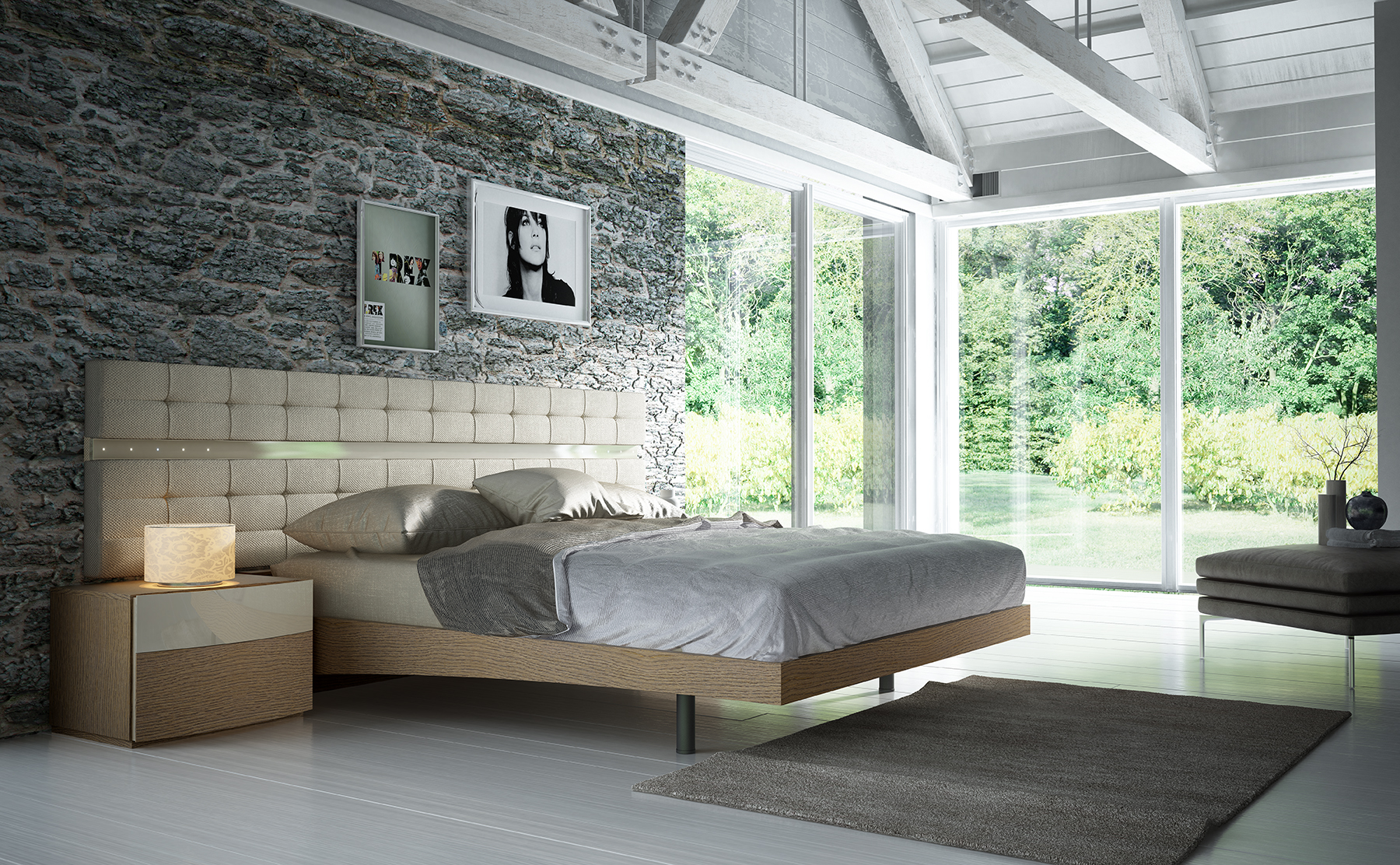 Fashionable Wood Platform and Headboard Bed with Lights - Click Image to Close
