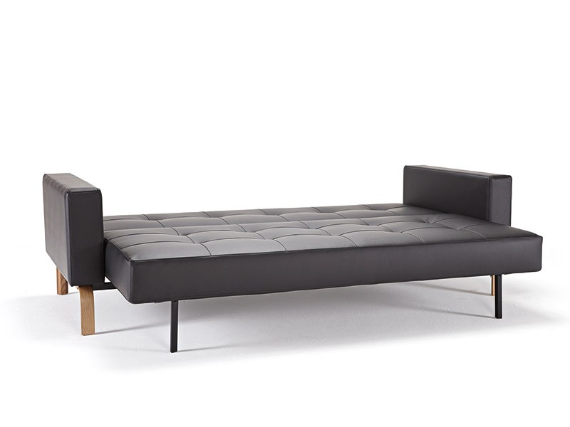 Black Leather Sofa Bed with Oak Legs - Click Image to Close