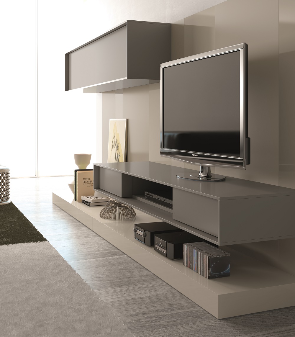 Contemporary Wall Unit with Textured Wood Veneers and Floating Design - Click Image to Close