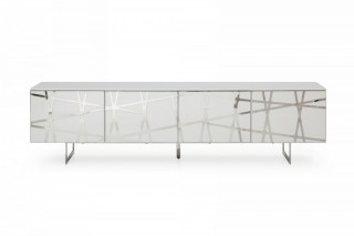Elegant White TV Stand with Polished Stainless Steel Accents
