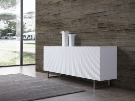 White Buffet with Wave Textured Doors and Glass Top